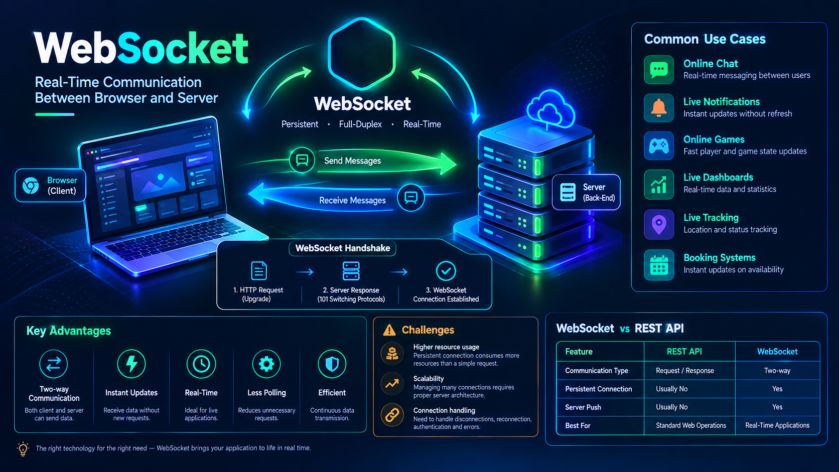WebSocket چیست؟ چگونه ارتباط لحظه‌ای بین مرورگر و سرور ایجاد می‌شود؟